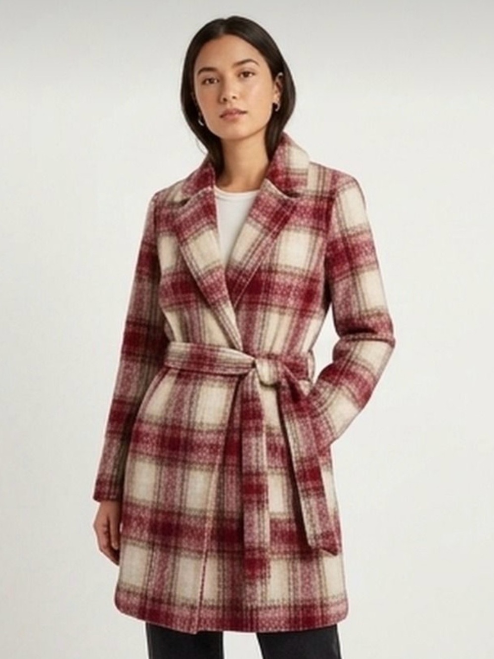 Potter's Pot Burgundy and Cream Plaid Belted Trench Coat